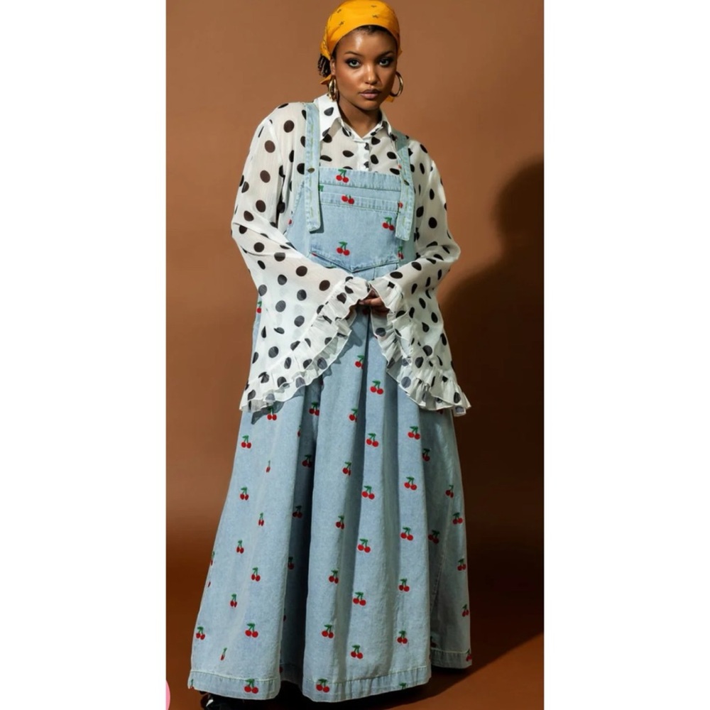 Dressed in LALA Light Blue Denim Cherry Maxi Dress - Picture 3 of 8